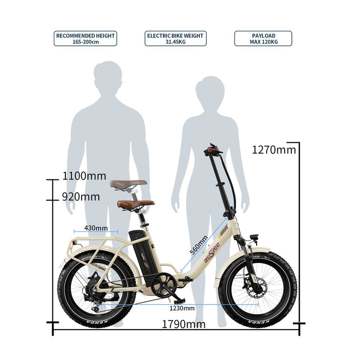 Afmetingen elektrische fiets getoond met menselijke figuren voor de schaal op een witte achtergrond