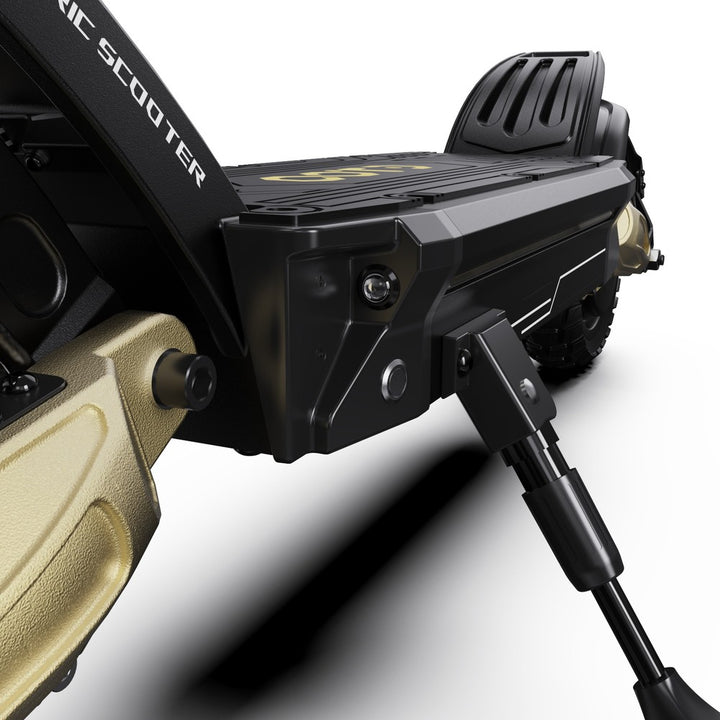 Close-up of a scooter with a focus on the deck and front wheel.