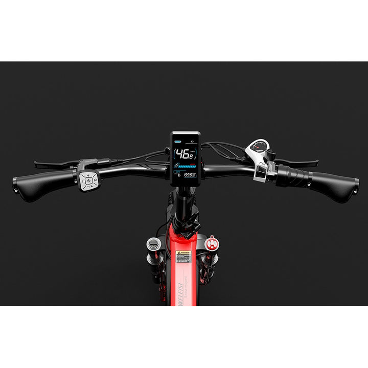 Close-up of a bicycle handlebar with a digital display on a black background