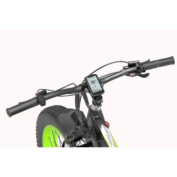 Close-up of a bicycle handlebar with a digital display on a white background