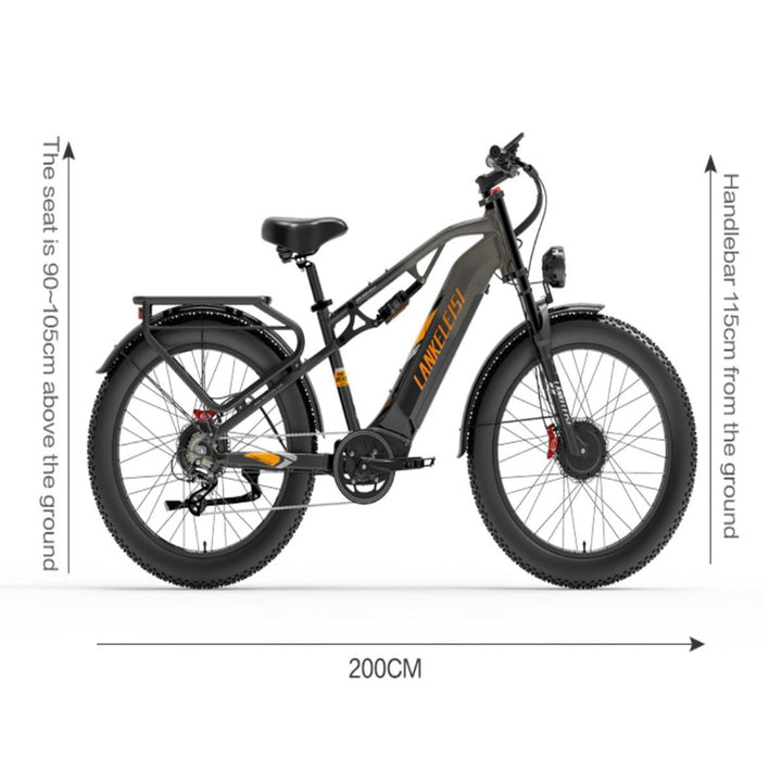 Electric bike with dimensions labeled on a white background