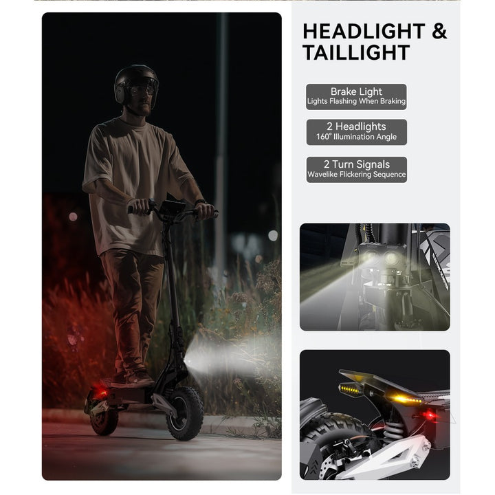 Person riding a scooter with illuminated headlights and taillights, alongside product features on the right.