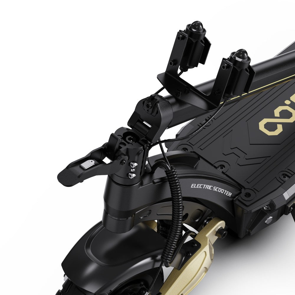 Close-up of a black electric scooter with gold accents on a white background