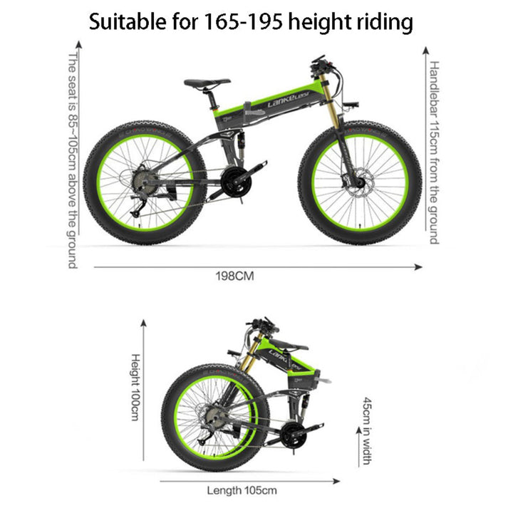 Measurement chart of a folding electric bike with dimensions on a white background