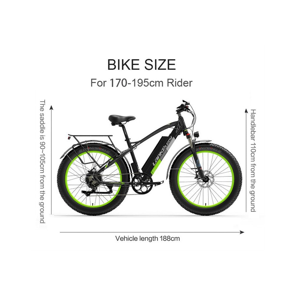 Electric bike with dimensions labeled for a rider height range of 170-195cm on a white background.