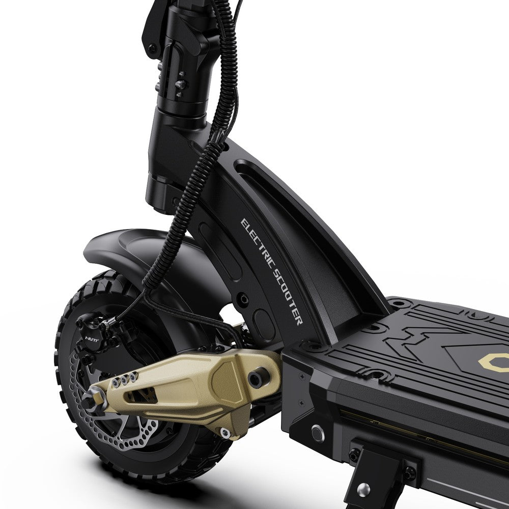 Close-up of a black electric scooter with gold accents on a white background