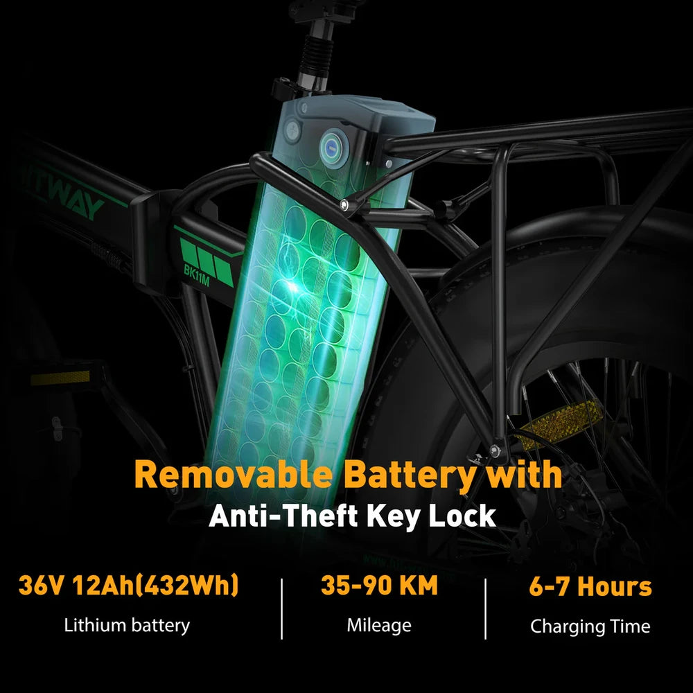 Electric bike with a removable battery and anti-theft key lock on a black background