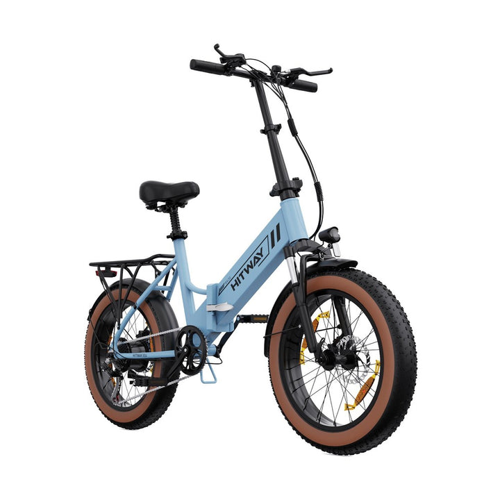 Light blue electric bike with brown tires on a white background