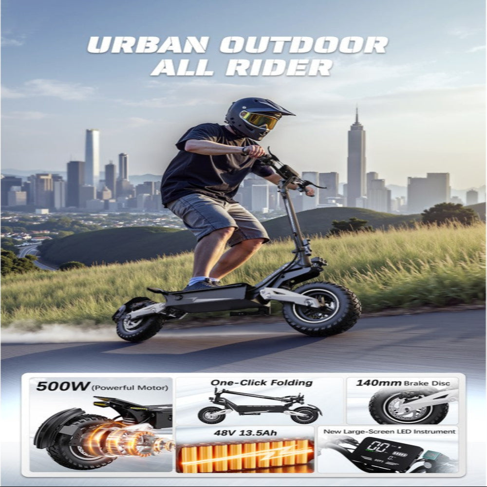 Person riding an electric scooter with a cityscape background, featuring text 'Urban Outdoor All Rider'.