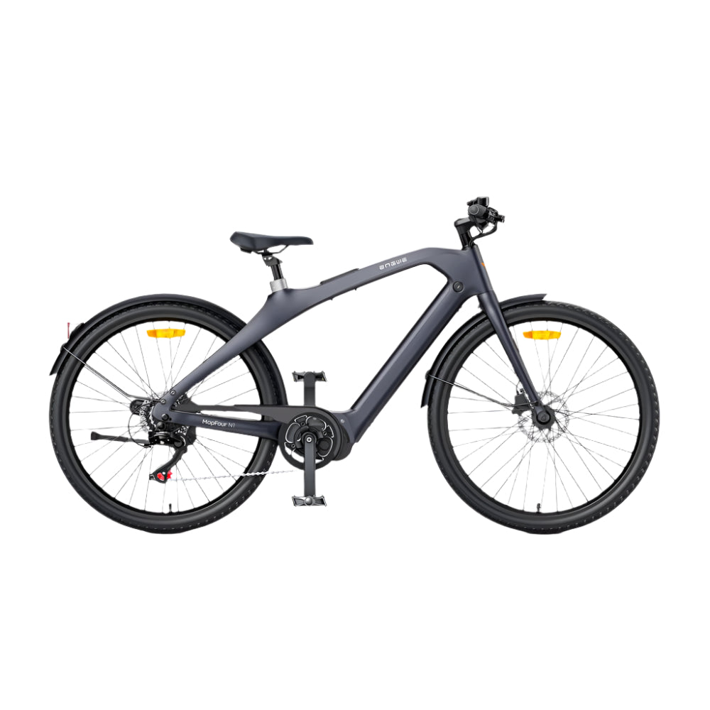 Grijze elektrische fiets op witte achtergrond