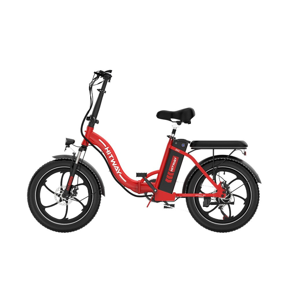 Red electric bike with black seat on a white background