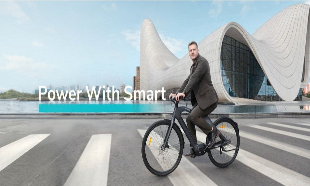 Man riding a bicycle on a modern bridge with 'Power With Smart' text.