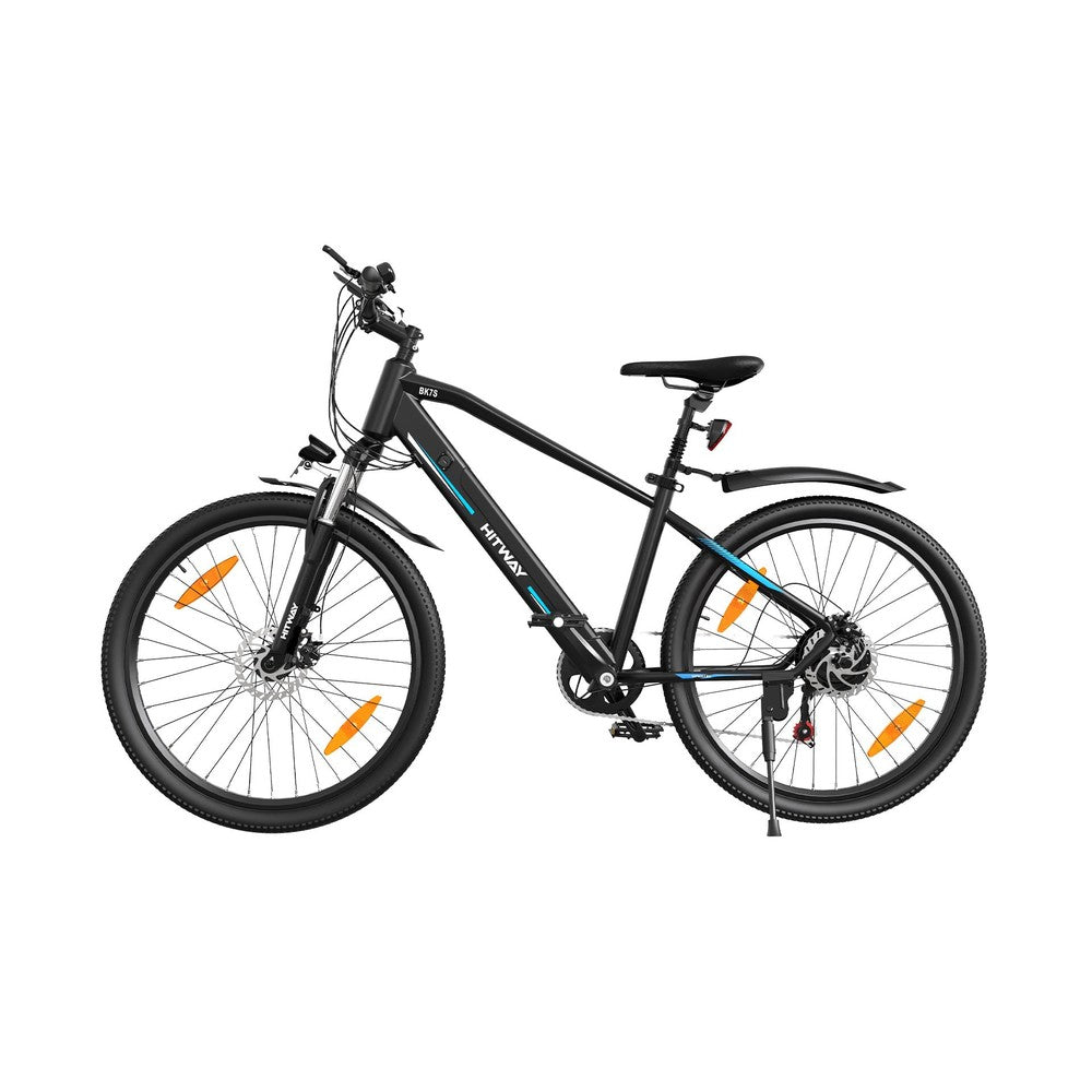 Black bicycle with orange reflectors on a white background