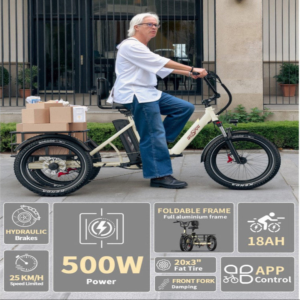 Person riding a trike with specifications displayed on the screen