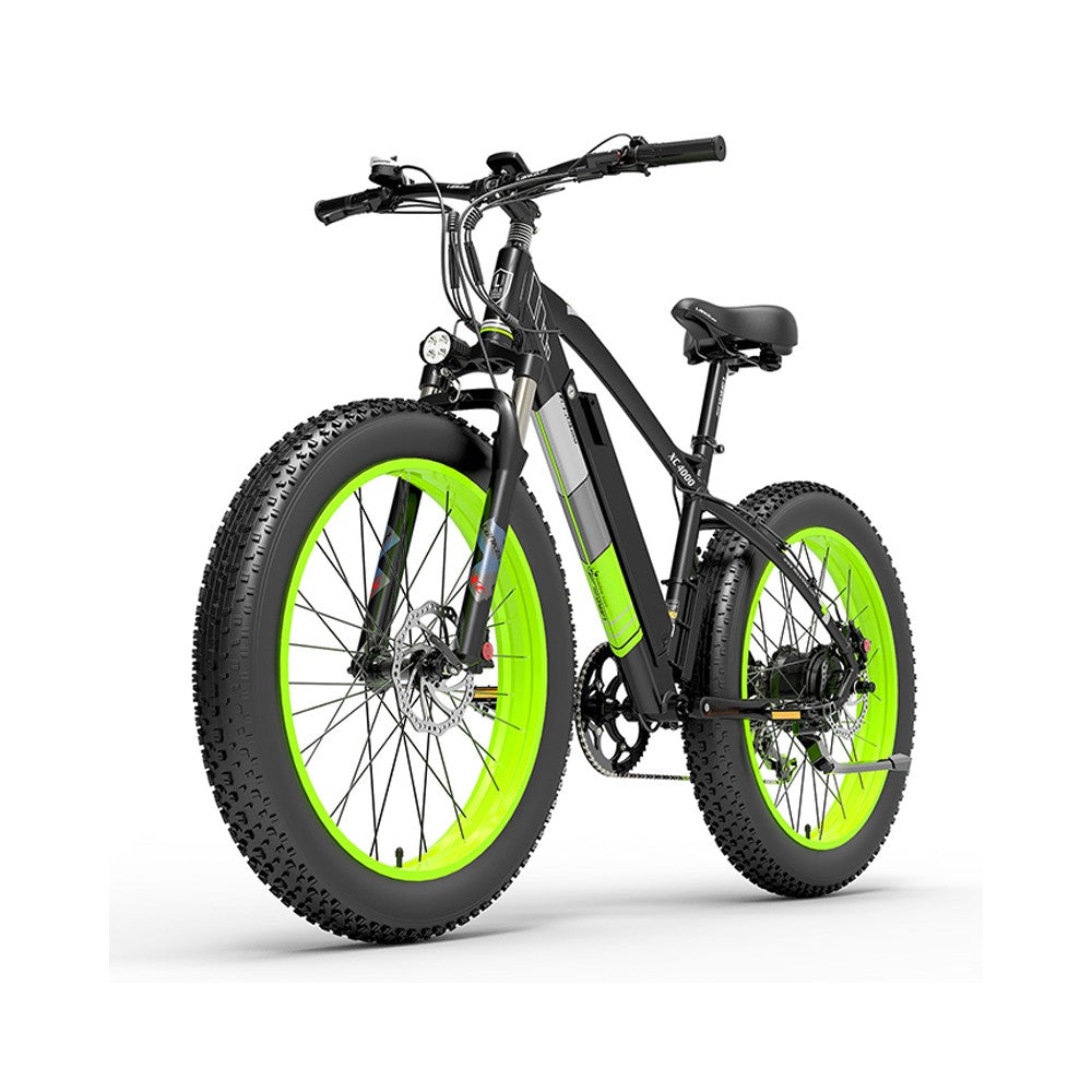 Electric bike with green wheels on a white background