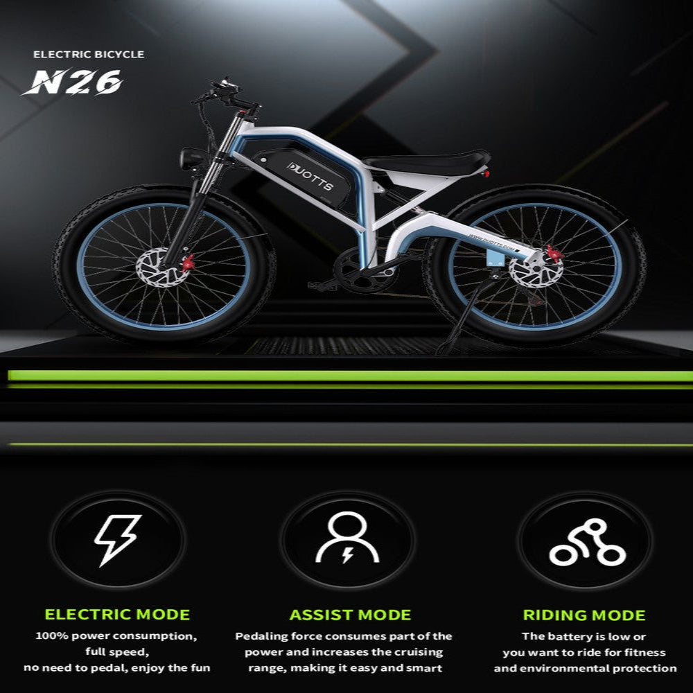 Electric bicycle N26 with features highlighted on a dark background