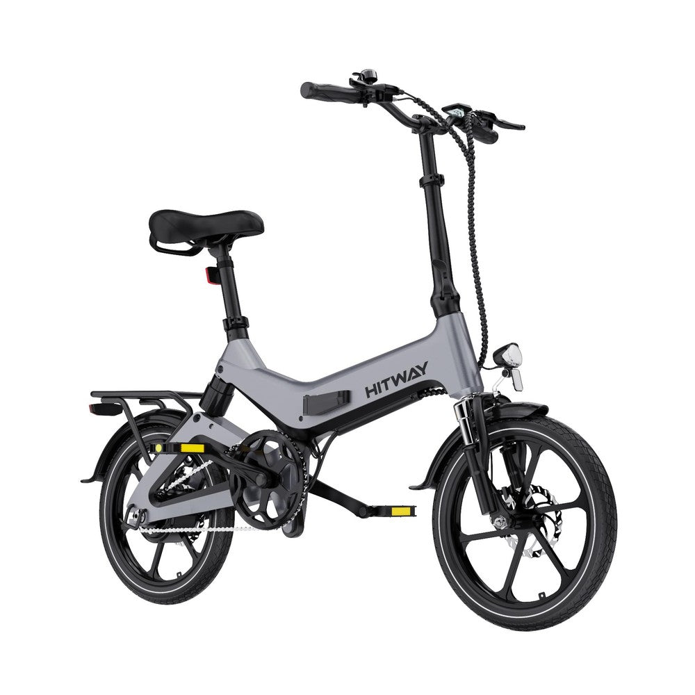 Gray folding electric bike with 'HITWAY' branding on a white background