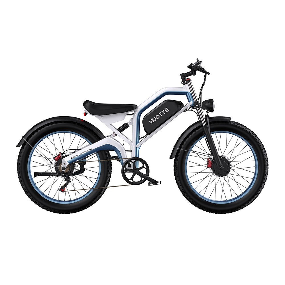 White electric bike with black seat and tires on a white background