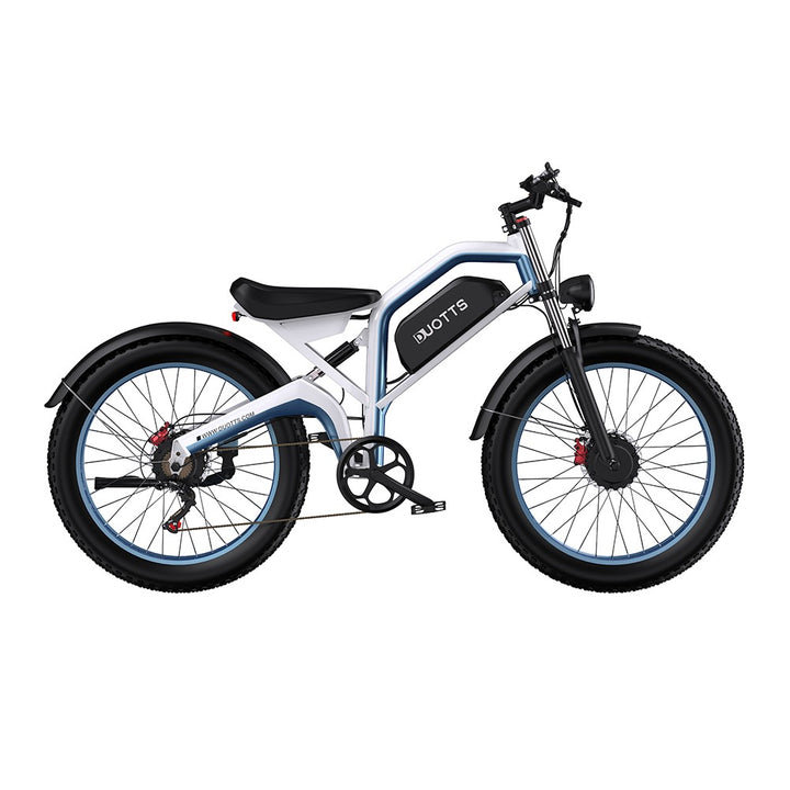 White electric bike with black seat and tires on a white background