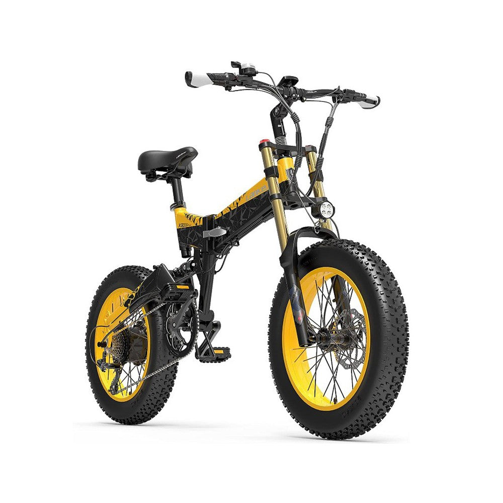 Gele en zwarte elektrische fiets op witte achtergrond