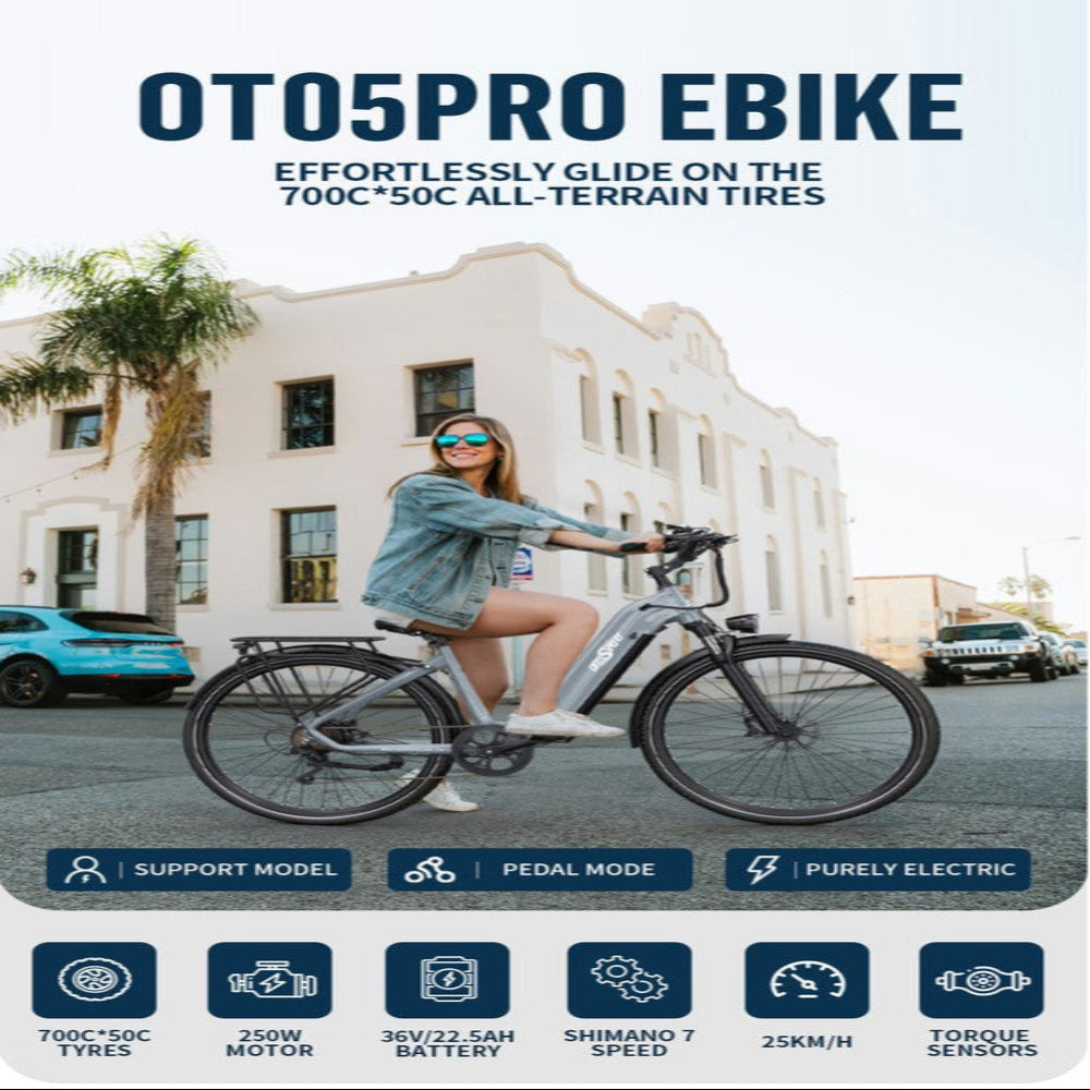 Woman riding an electric bike with promotional text about the OTO5PRO EBIKE on a city street.