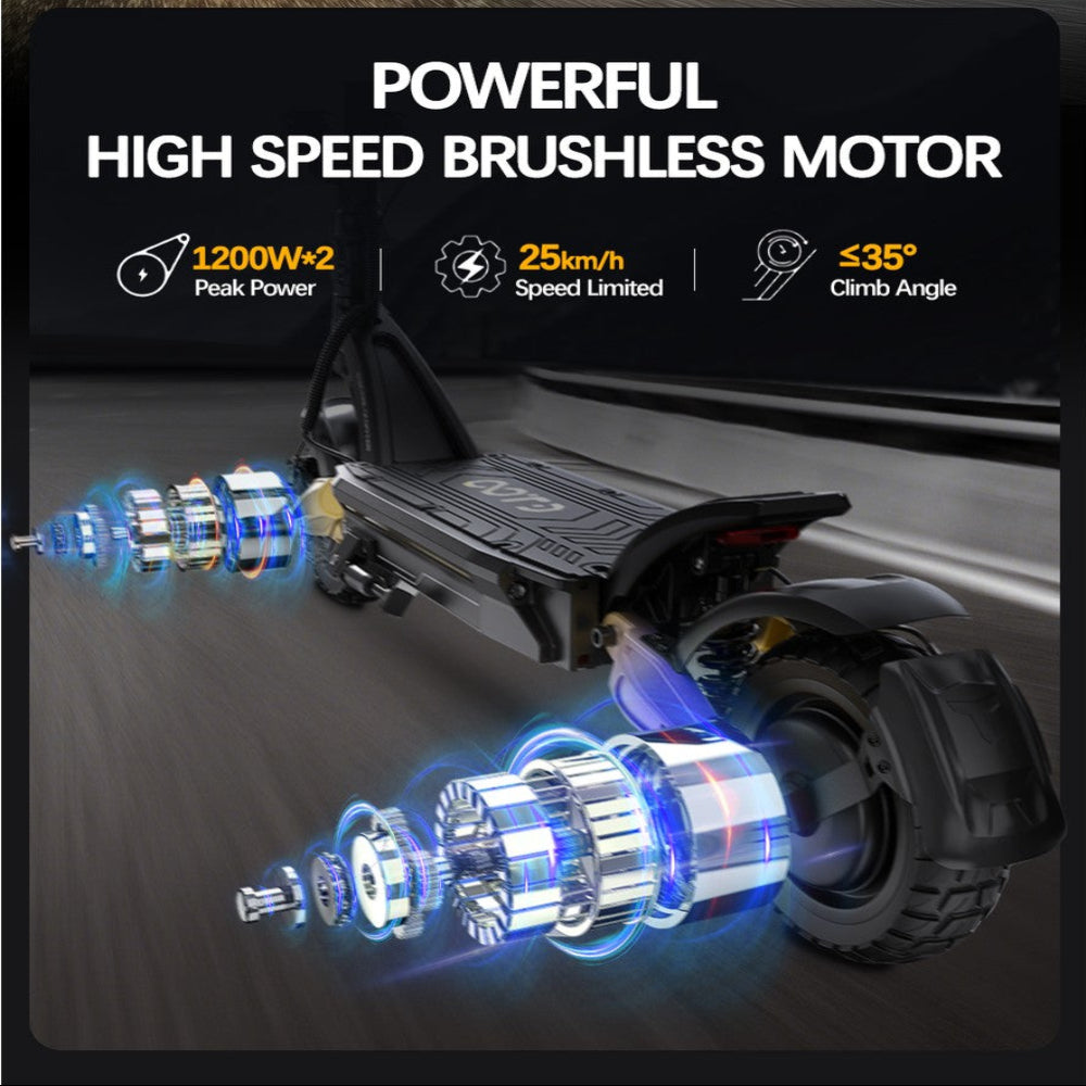 Electric scooter with high-speed brushless motor and specifications on a dark background