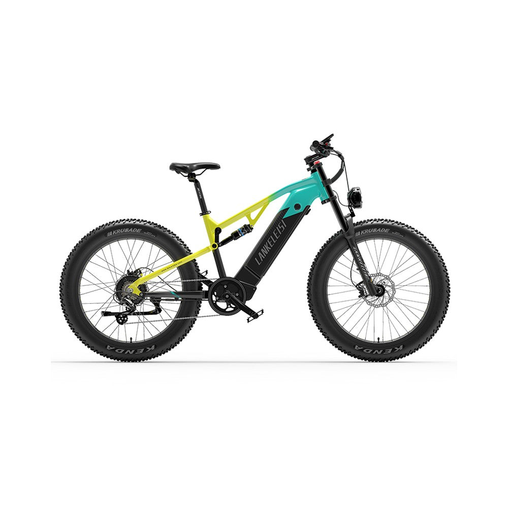 Elektrische fiets met turquoise frame en gele accenten op een witte achtergrond