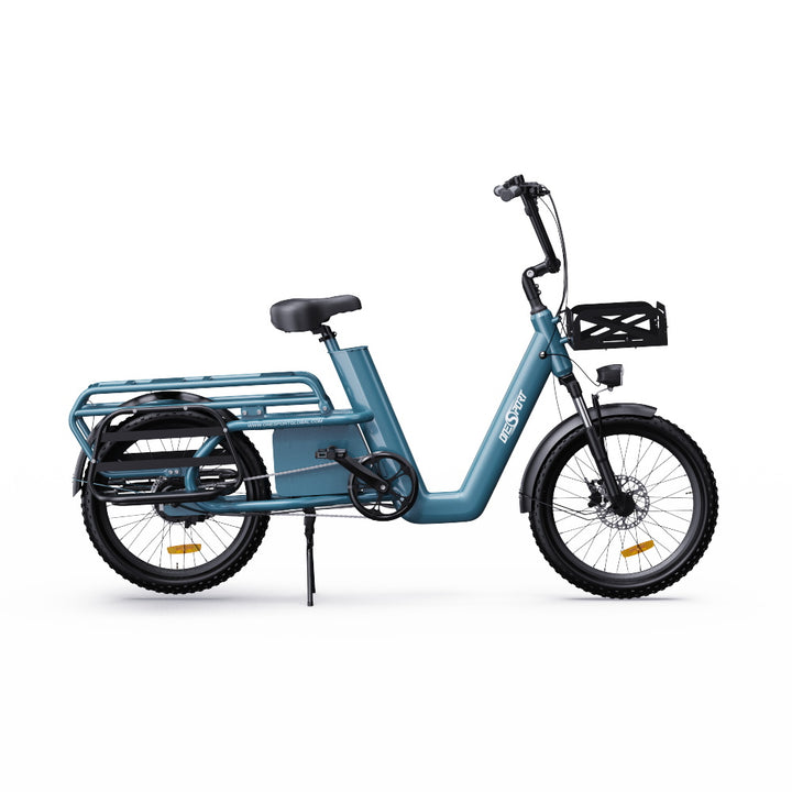 "Bright Blue DUO OT01 Electric Bike with aluminum alloy body, power-off brake handles, and front and rear fenders"