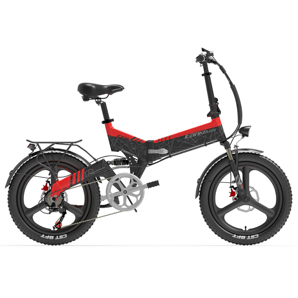 Foldable electric bike with red and black design on a white background