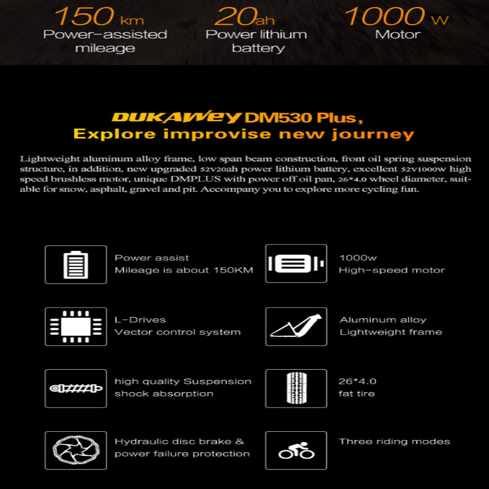 Product specifications of Dukawey DM530 Plus electric bike on a black background