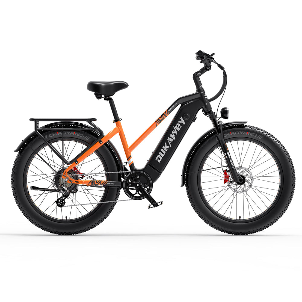 Oranje en zwarte elektrische fiets met 'DUKAWAY'-logo op een witte achtergrond