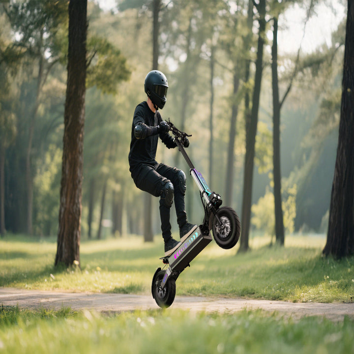 Person riding an electric scooter in a park with trees and grass.