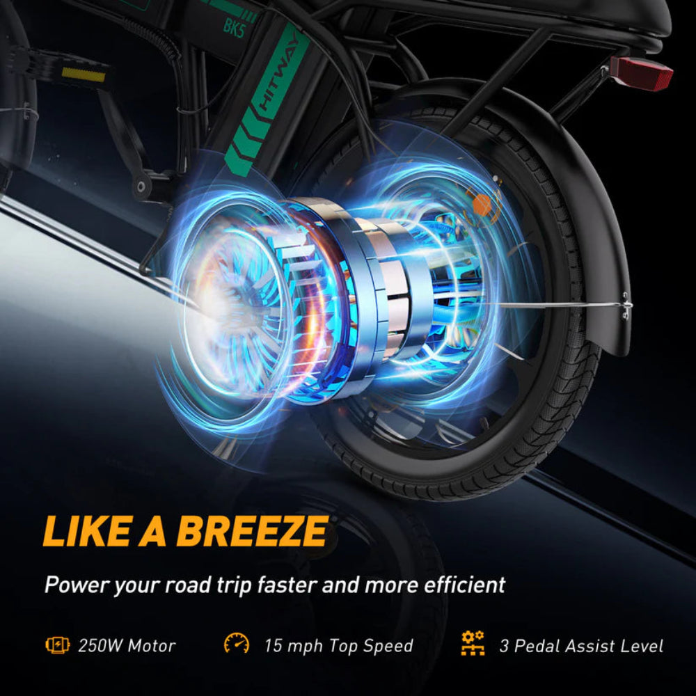 Motorcycle wheel with glowing blue technology illustration and text about power and efficiency.