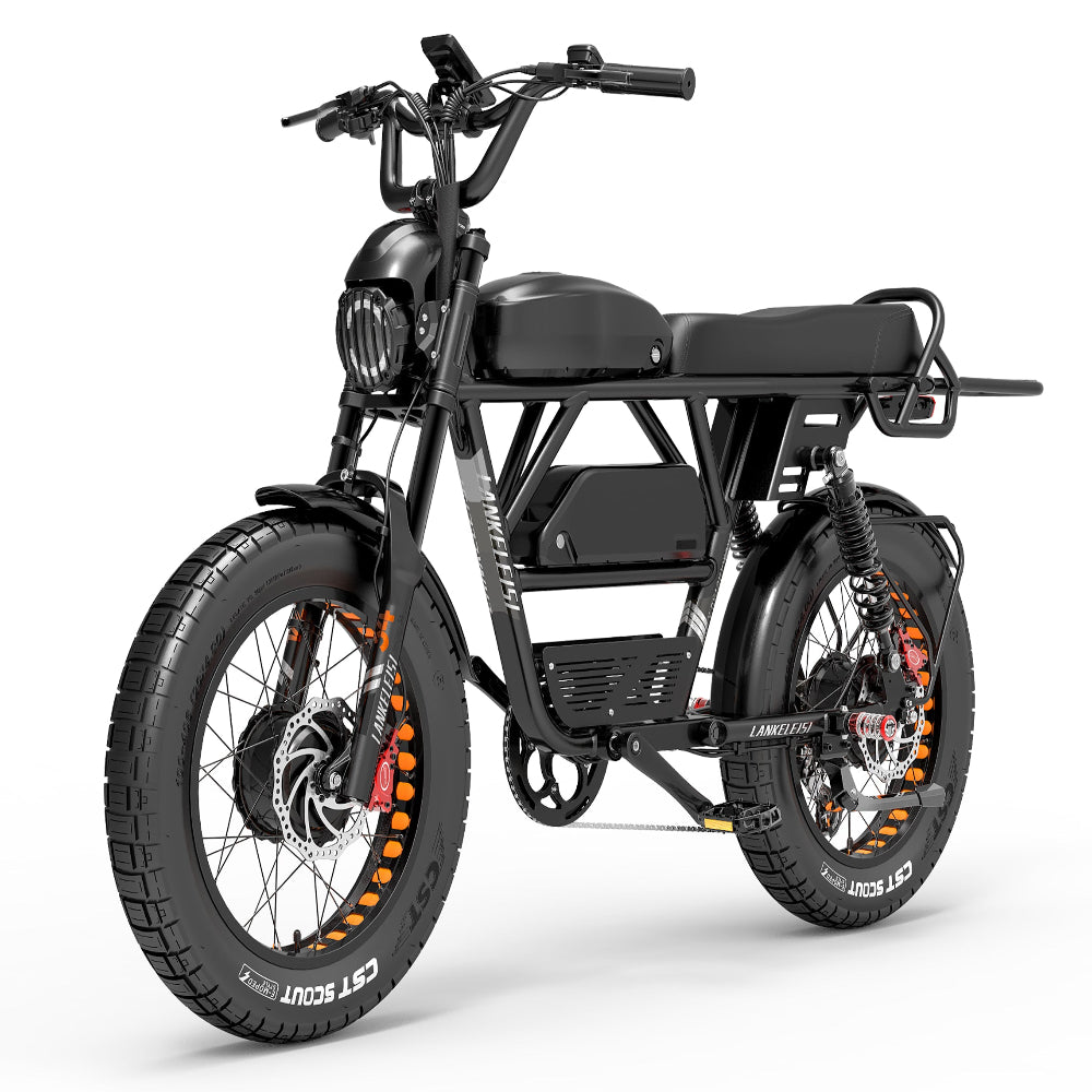 Black electric bike with large tires on a white background