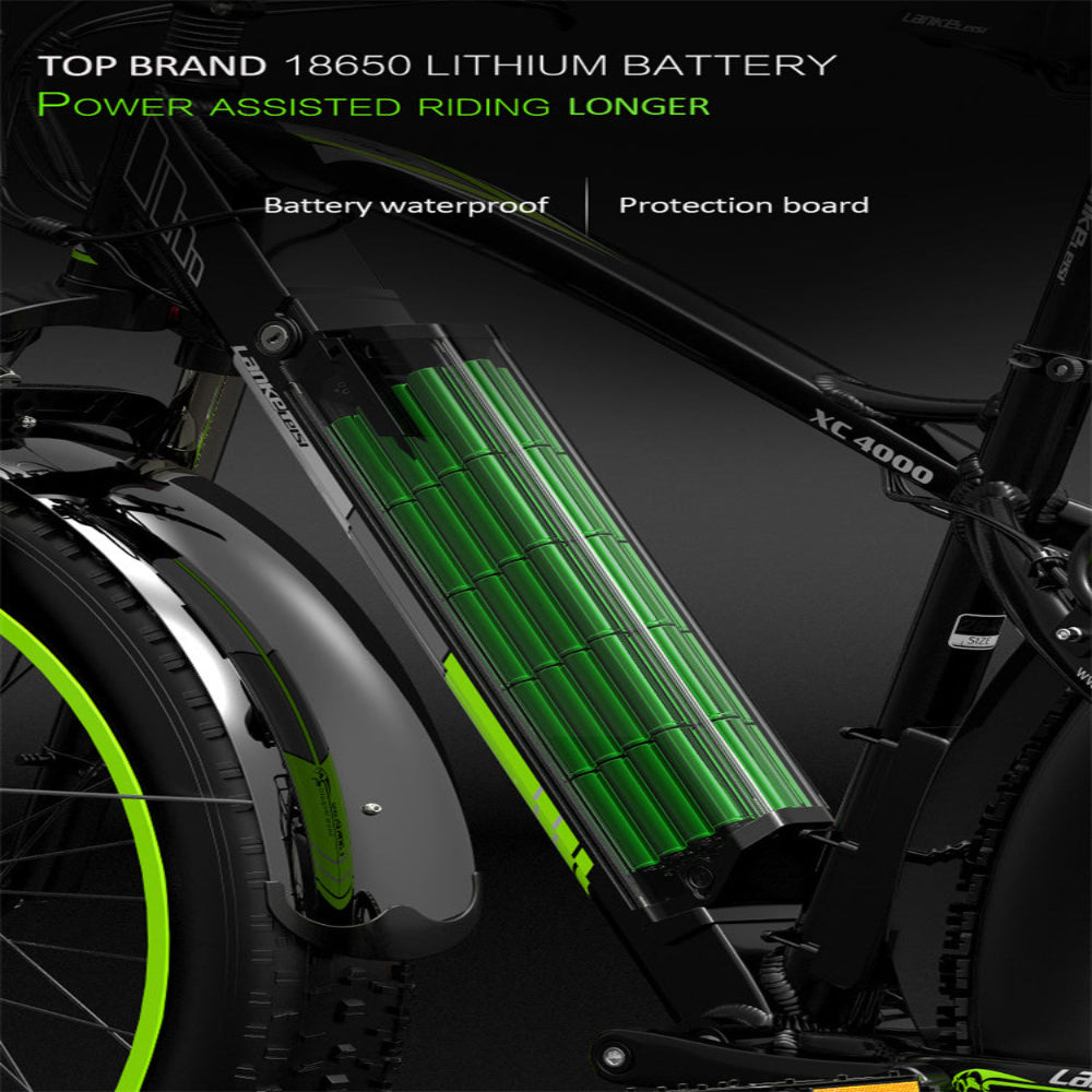 Electric bike with a green lithium battery pack on a dark background
