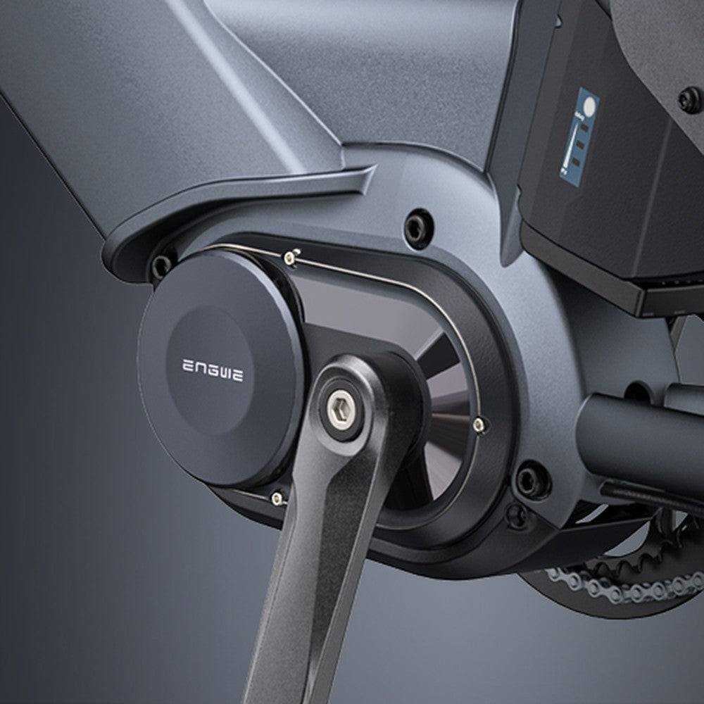 Close-up of a mechanical component with 'Engwe' branding on a gray background