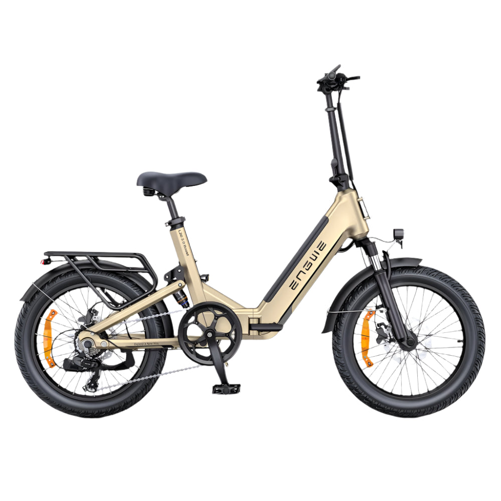Beige elektrische fiets met zwarte accenten op een witte achtergrond