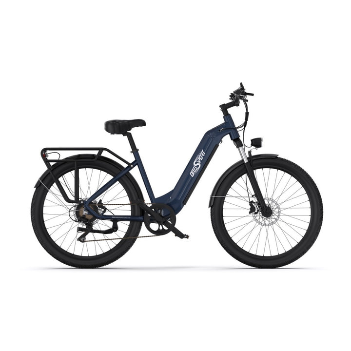 "DUO OT05 Electric Bike in blue, showcasing 27.5"" aluminum frame, spoked wheels, and LCD display with Bluetooth connectivity."