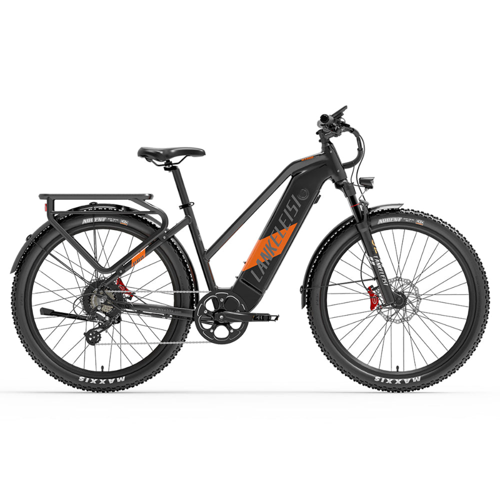 Black electric bike with orange details on a white background
