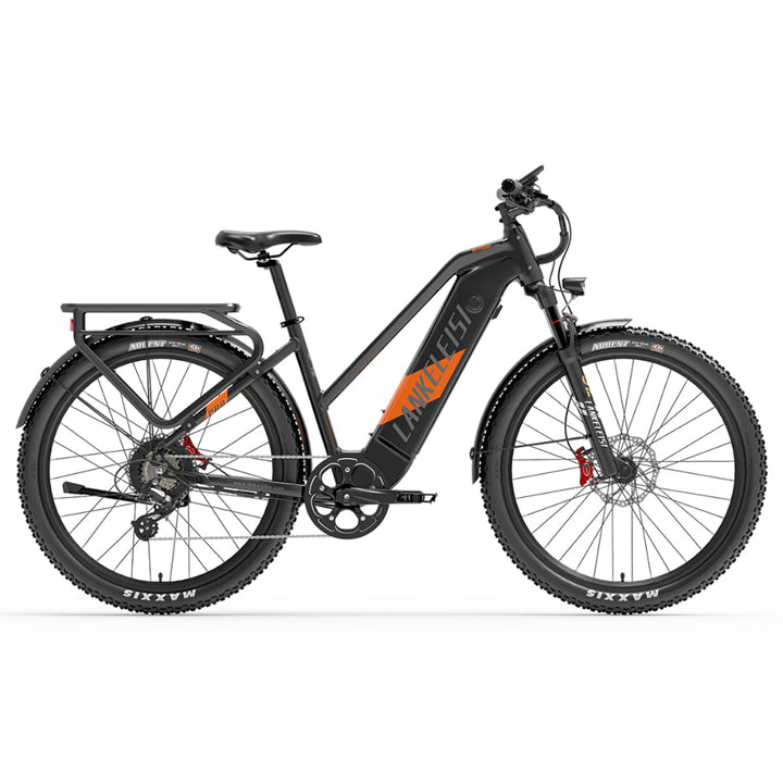 Black electric bike with orange details on a white background