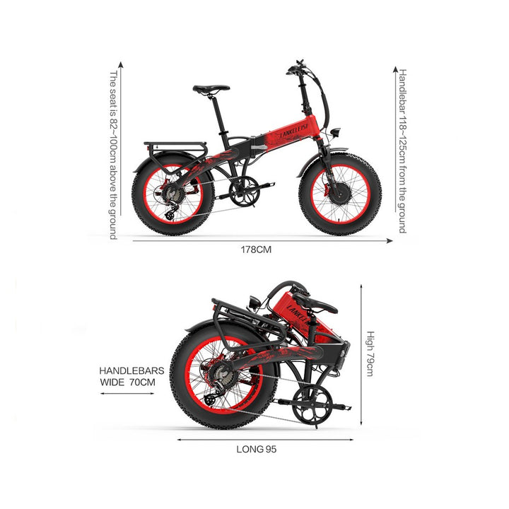 Red electric bike with dimensions labeled on a white background