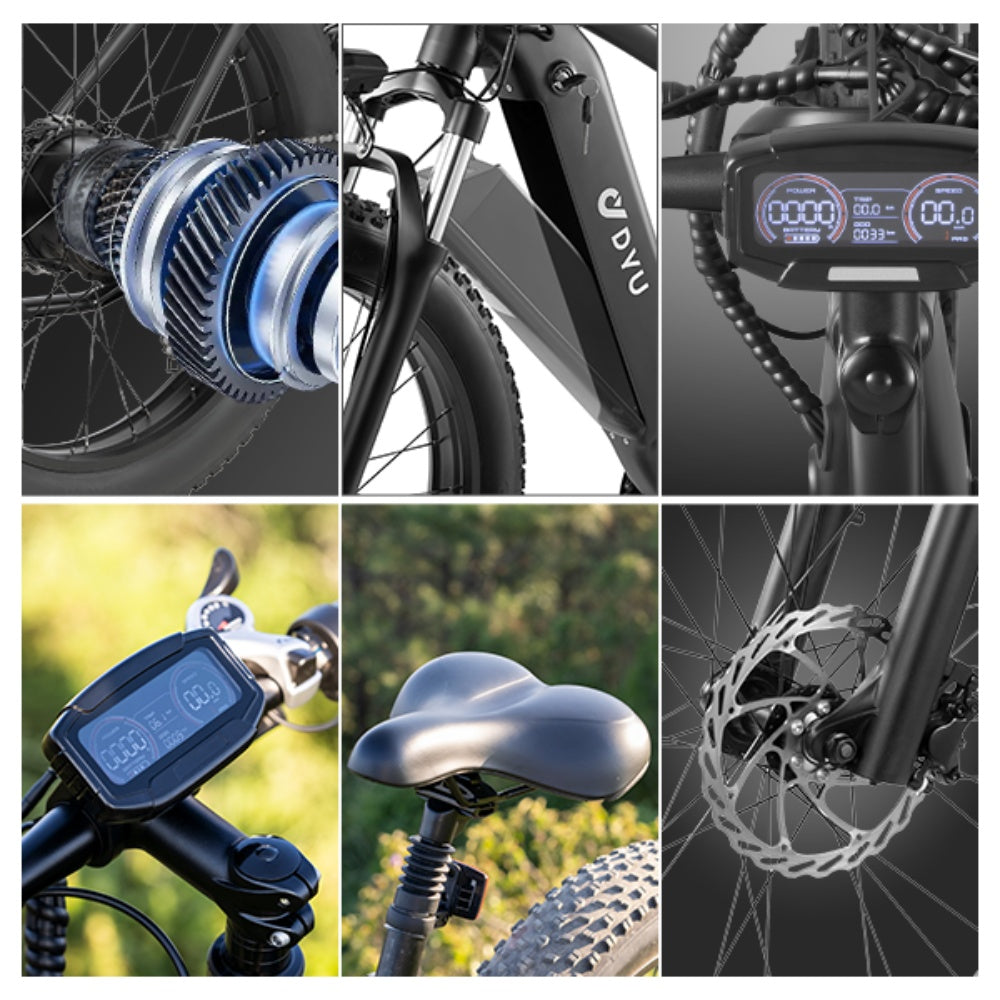 "DYU KING 750 electric mountain bike with fat tires, LED display, and detachable battery"