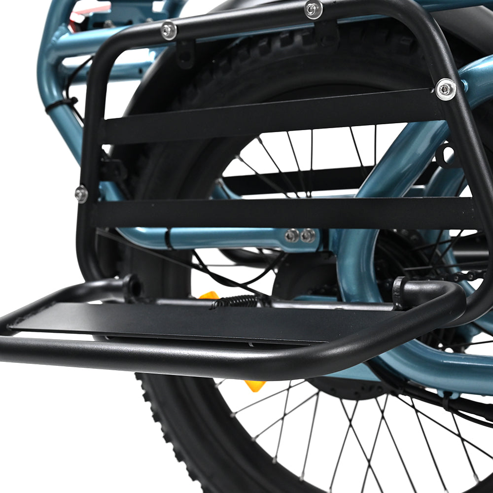 "Bright blue DUO OT01 electric bike with aluminum body and power-off brake handles, capable of 25KM/H speed and 100KM range."