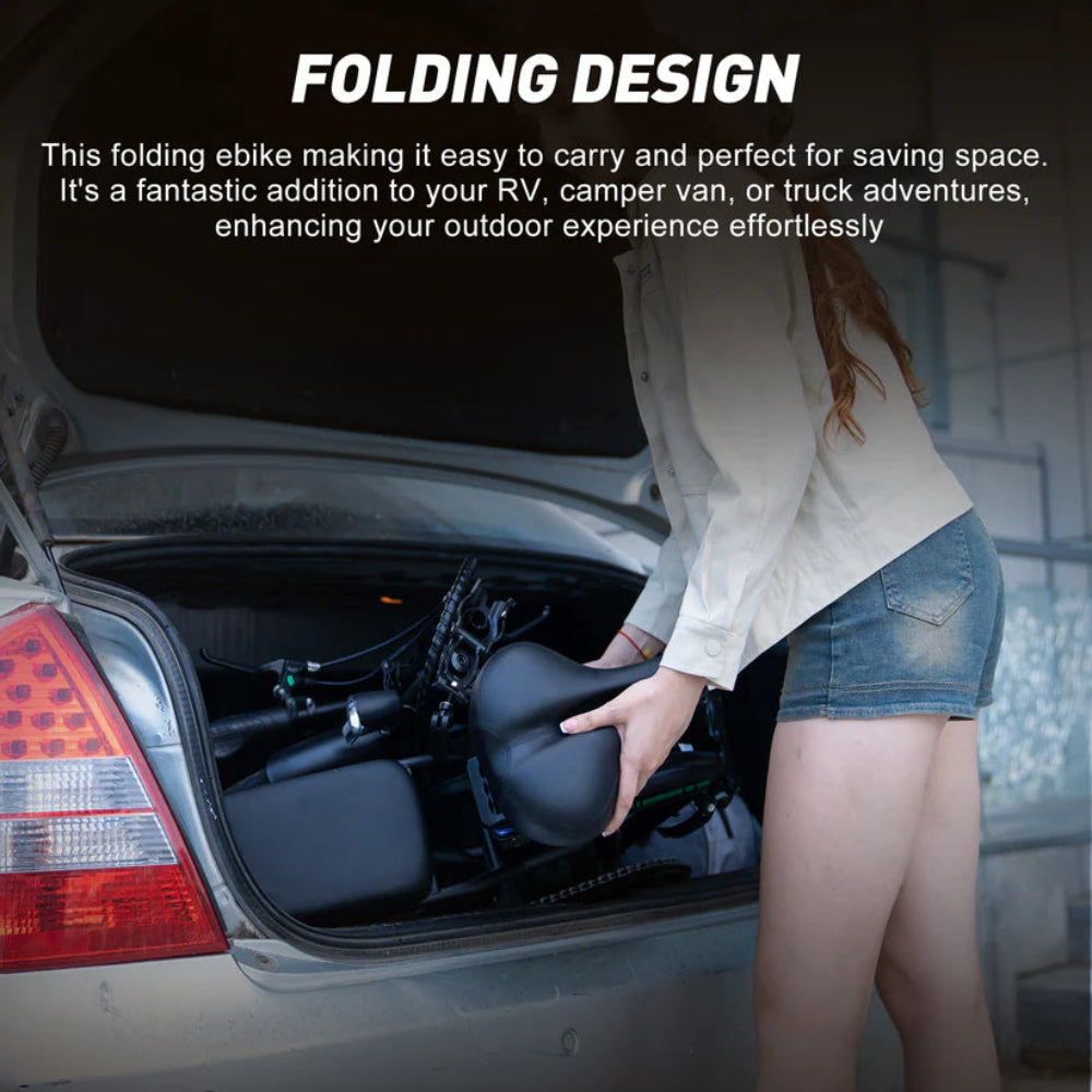 Folding eBike being loaded into a car trunk with text highlighting its convenience for RV, camper van, or truck adventures.