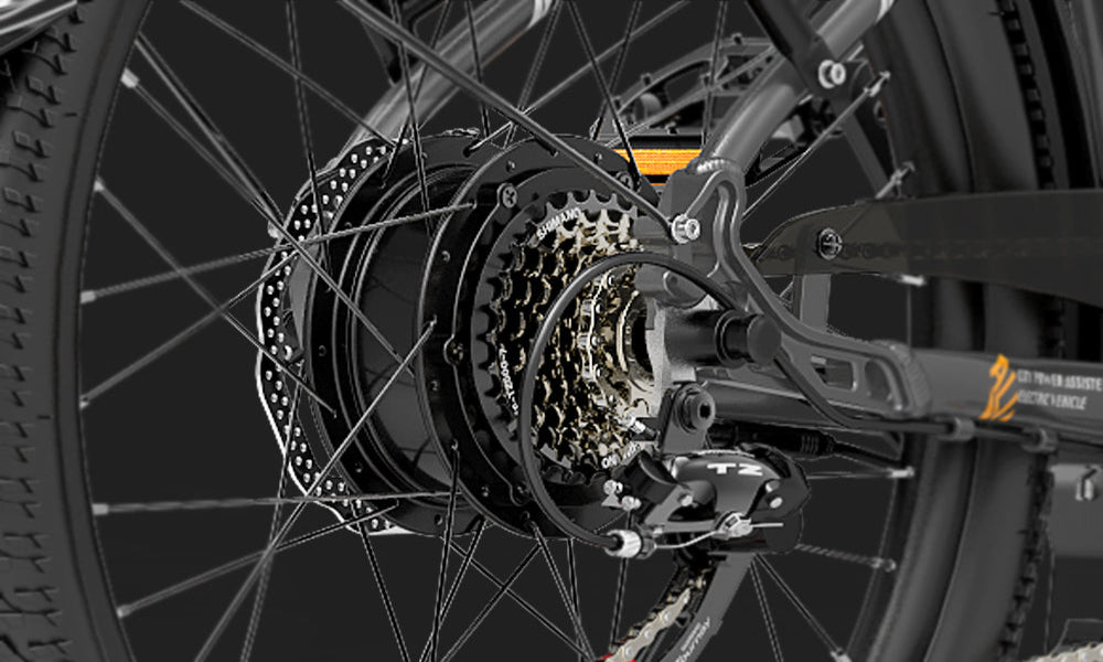 Close-up of a bicycle gear system with a black background