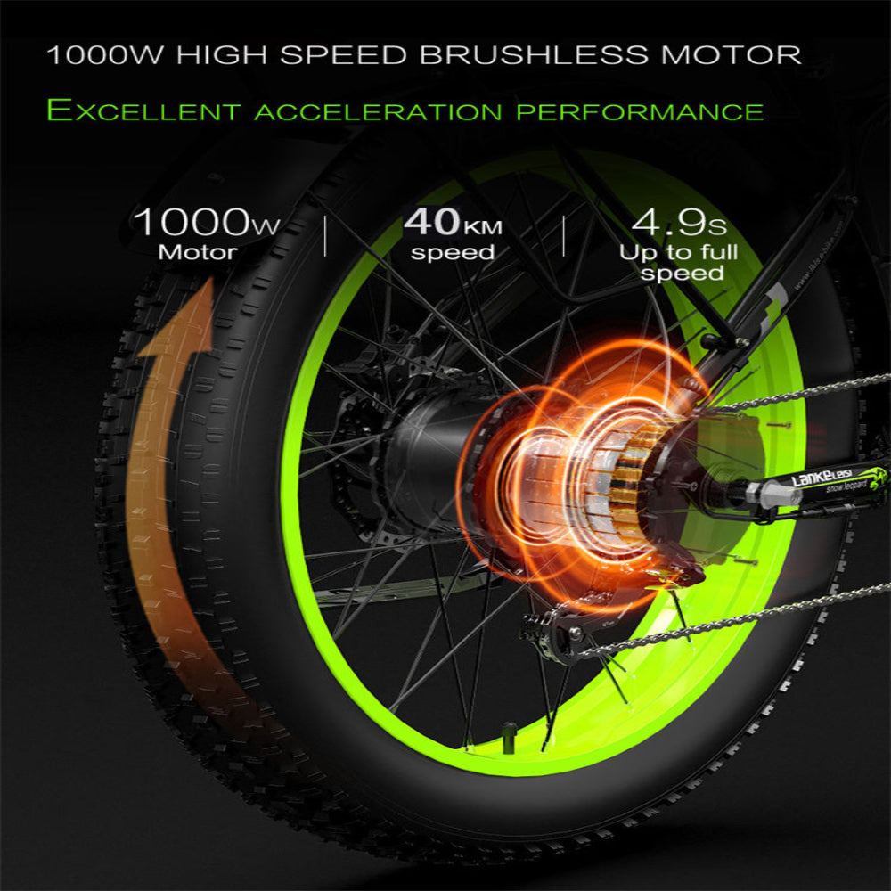 Close-up of a bicycle wheel with a high-speed brushless motor, highlighting performance specifications.