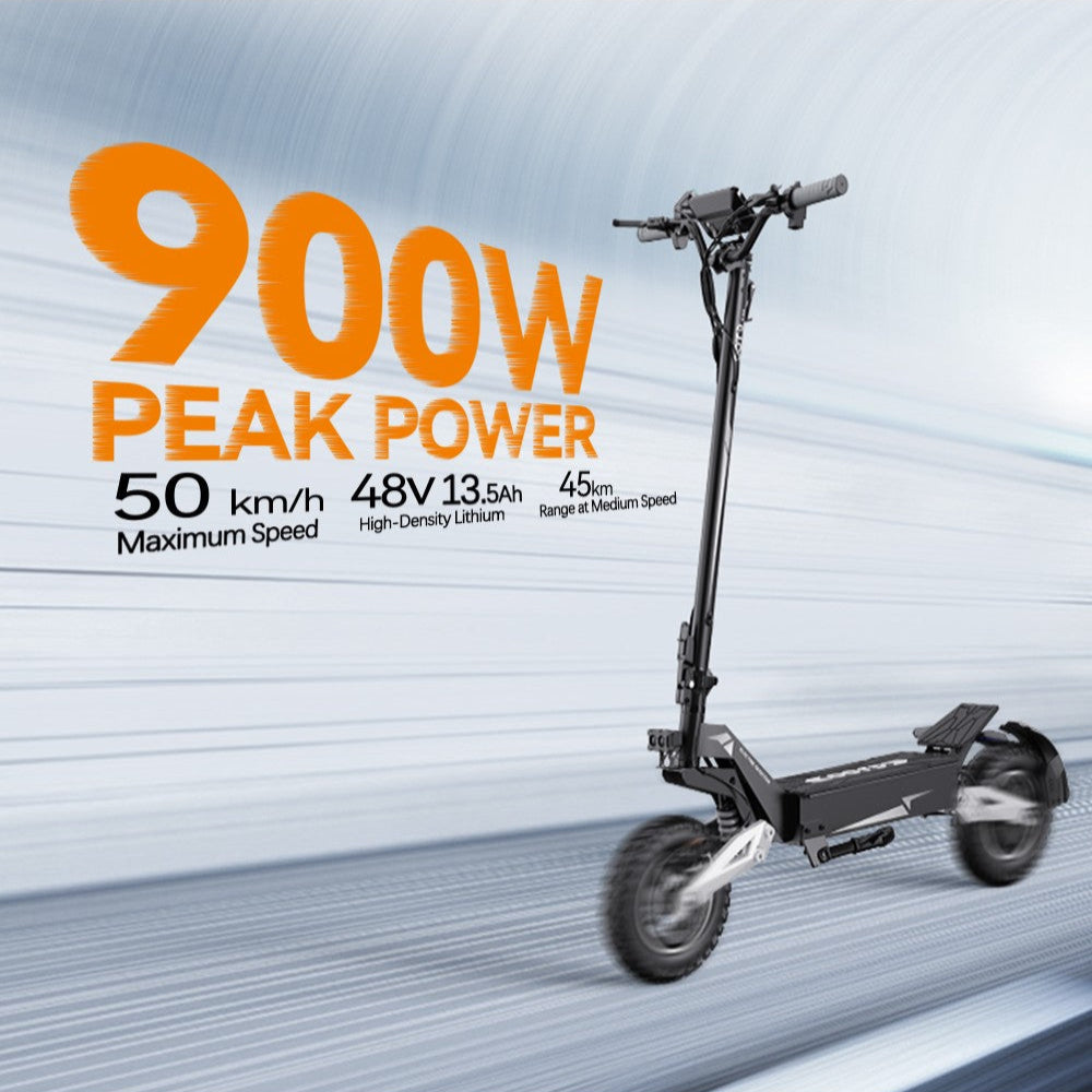 Electric scooter with peak power specifications on a gray background