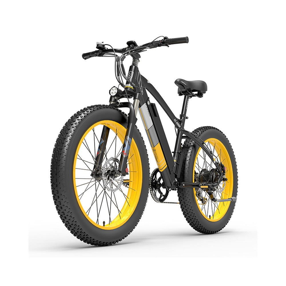Electric bike with yellow wheels on a white background