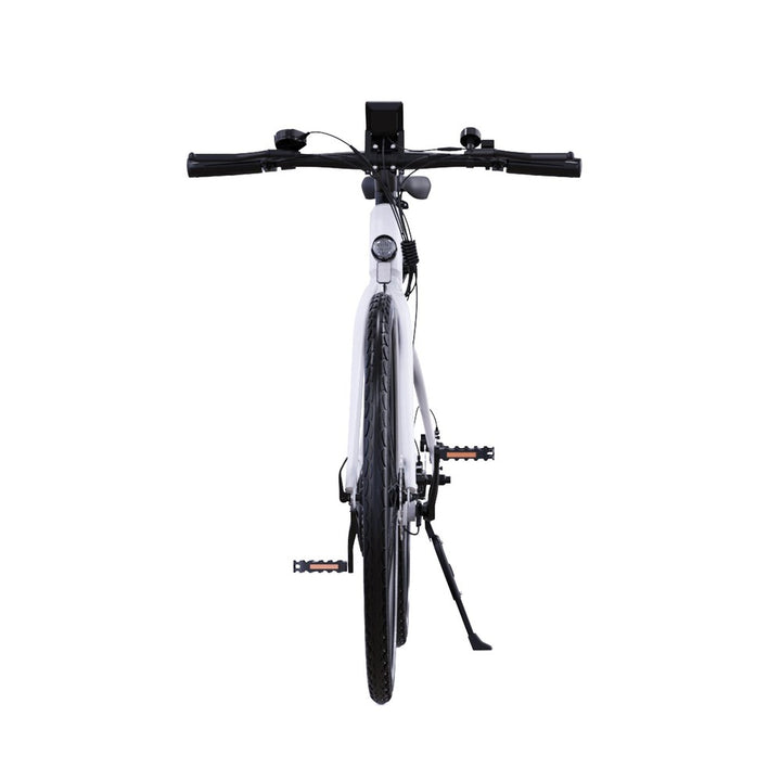 White bicycle with black components on a white background