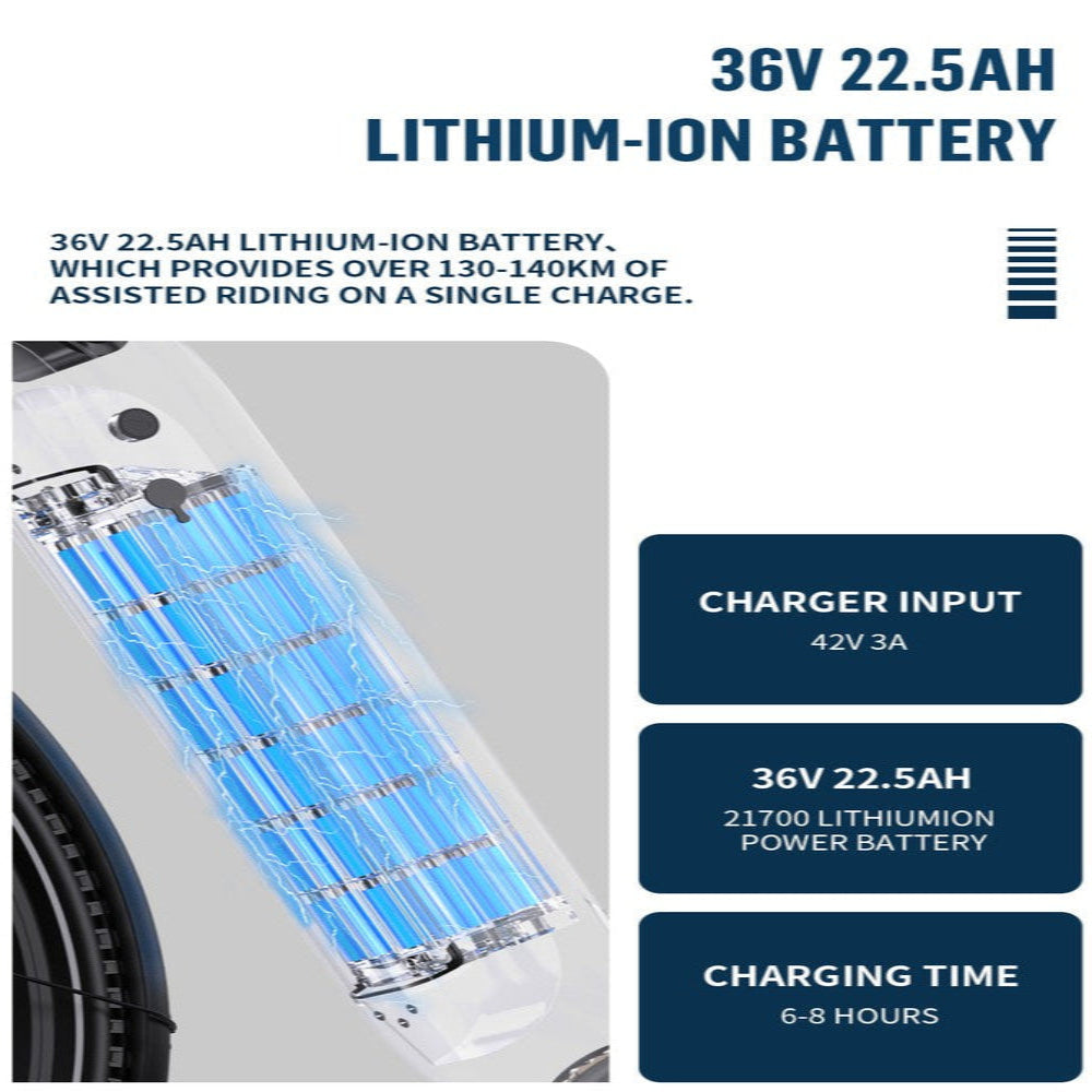 36V 22.5Ah lithium-ion battery with specifications on a white background